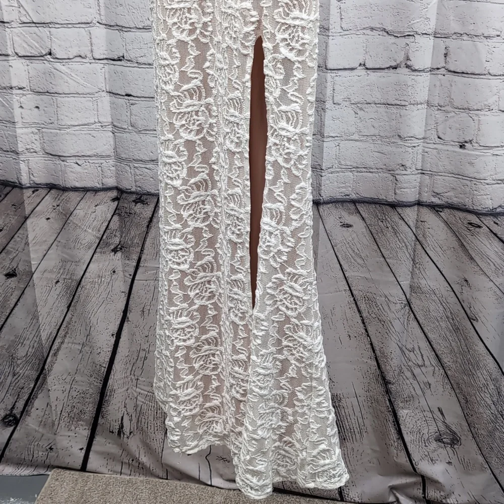 Long Lace Dress with Cutaway Bodice and Slit Skirt - Picture 3 of 14